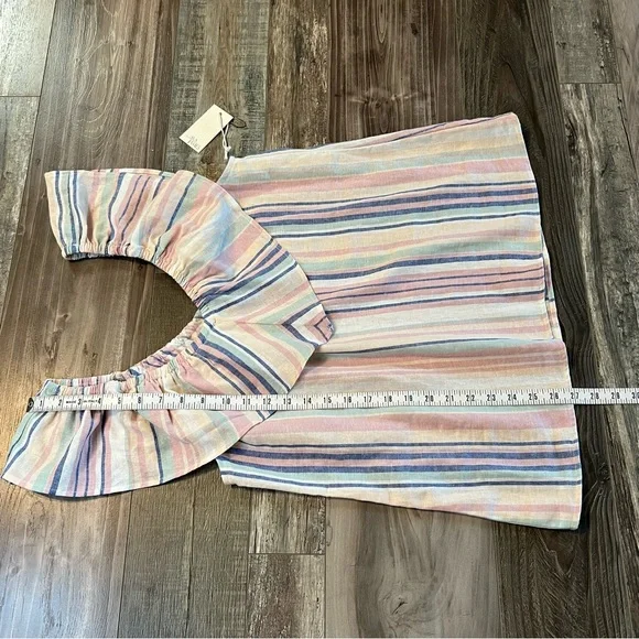Ava James NWT Linen Blend Off The Shoulder Blouse Sz M Pastel Striped Pink Blue - Picture 10 of 10